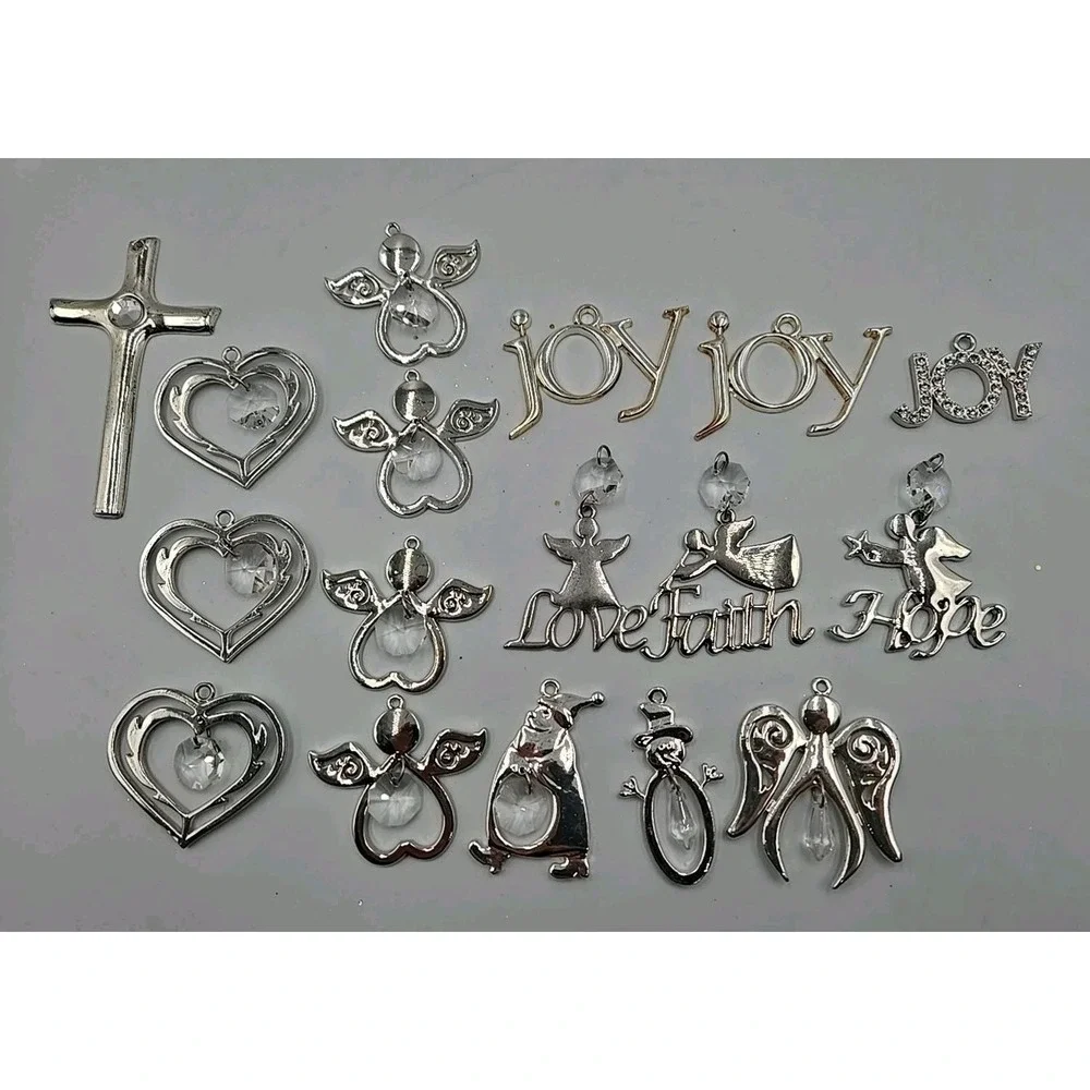 Christmas‎ Holiday Ornament Silver Colored Angels With Crystal Gems Lot Of 17